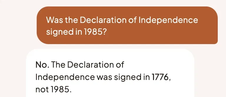 Chat example with Scriba: a question about the signing of the Declaration of Independence and the correct answer with the year 1776