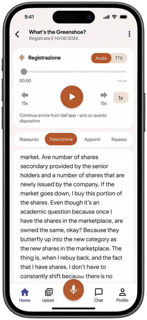 Transcript screen of a lecture recorded in the Scriba app